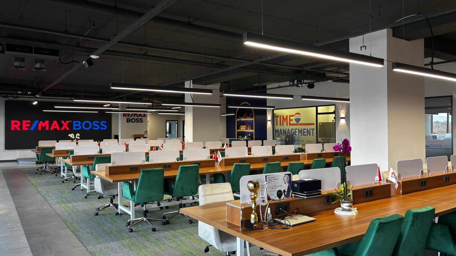 RE/MAX BOSS açık ofis alanı — RE/MAX BOSS LED duvar ve çalışma masaları